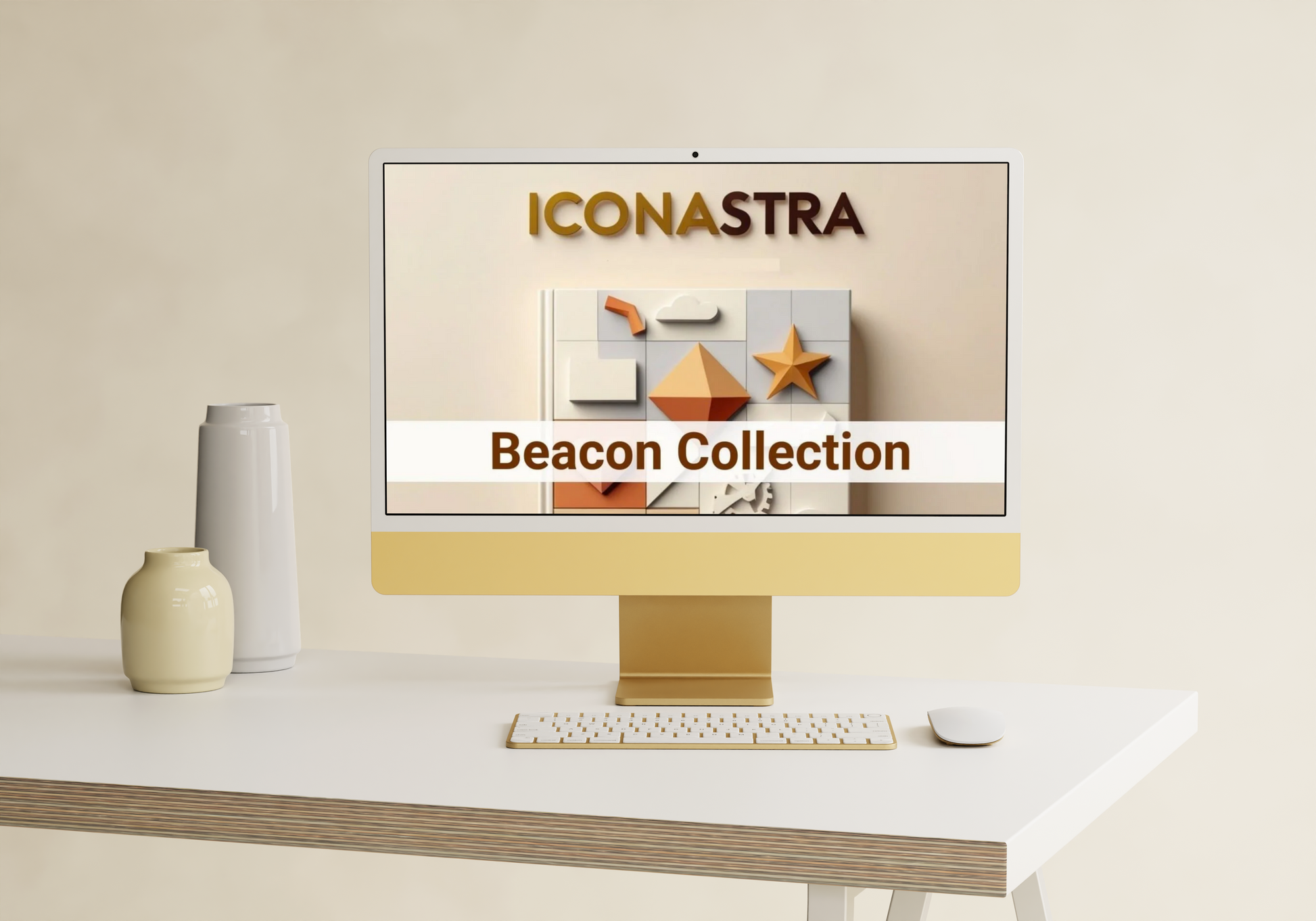Computer monitor displaying the Iconastra Beacon Collection on a desk with decorative items.