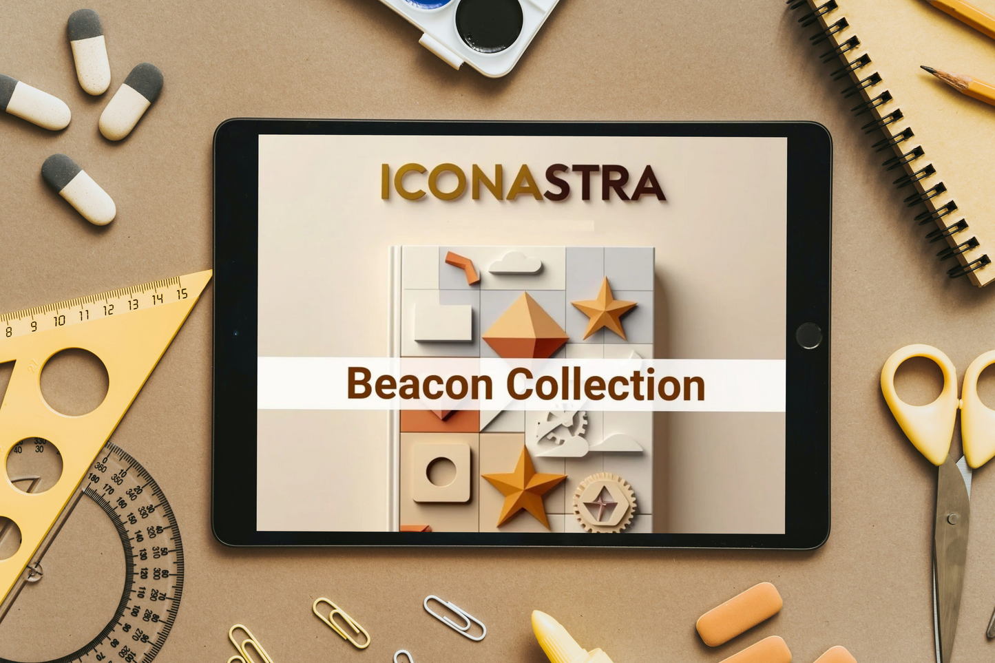 Tablet displaying Iconastra Beacon Collection on a desk with stationery items.