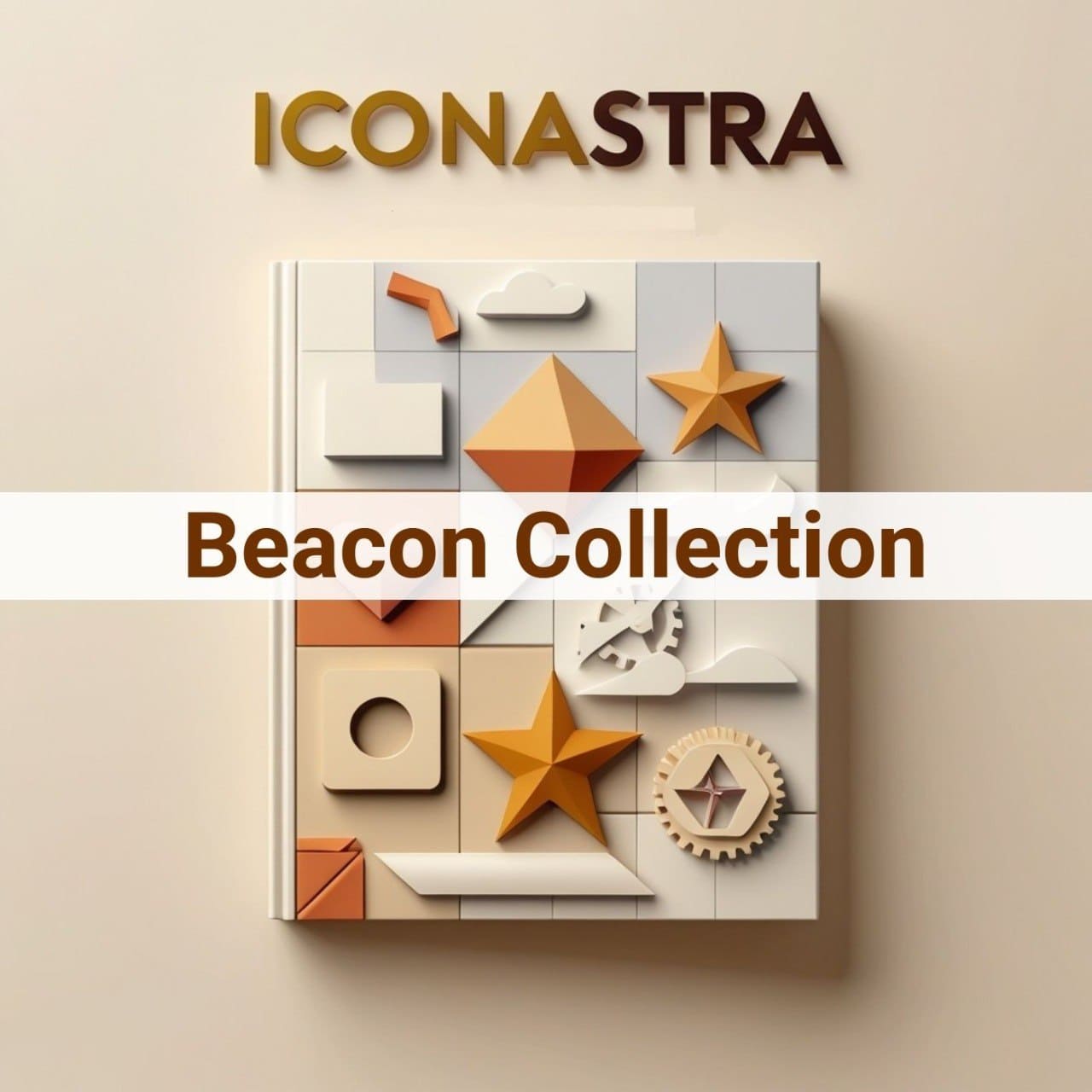 Beacon Collection by Iconastra with geometric shapes on a beige background