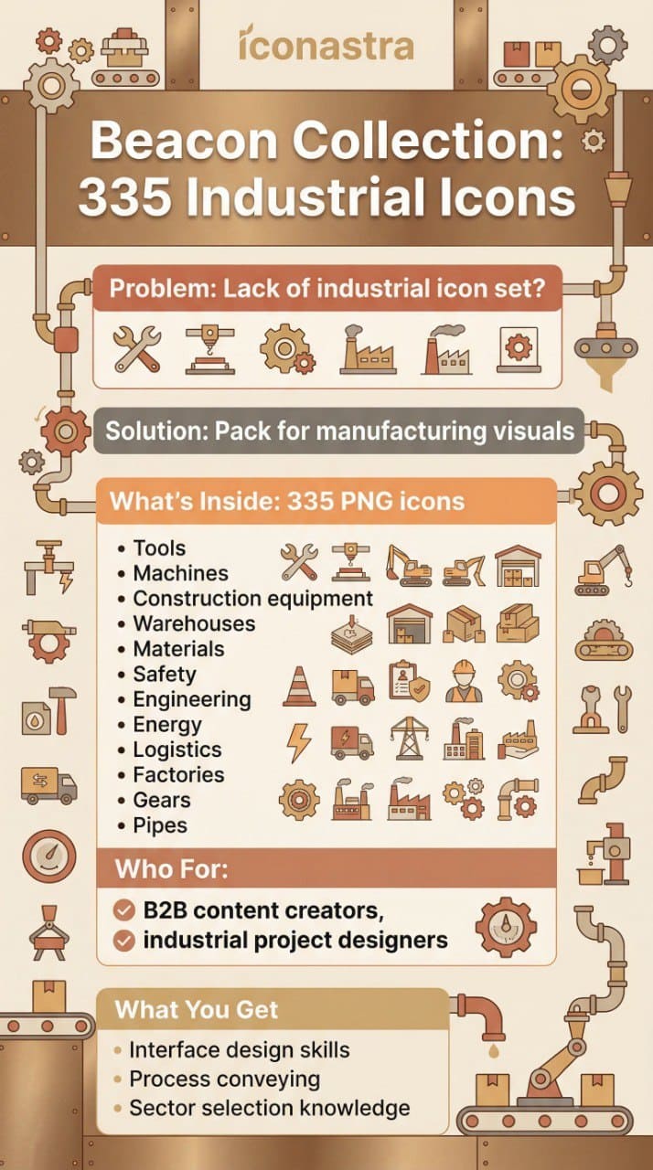 Promotional graphic for icon set collection with industrial-themed icons and features.