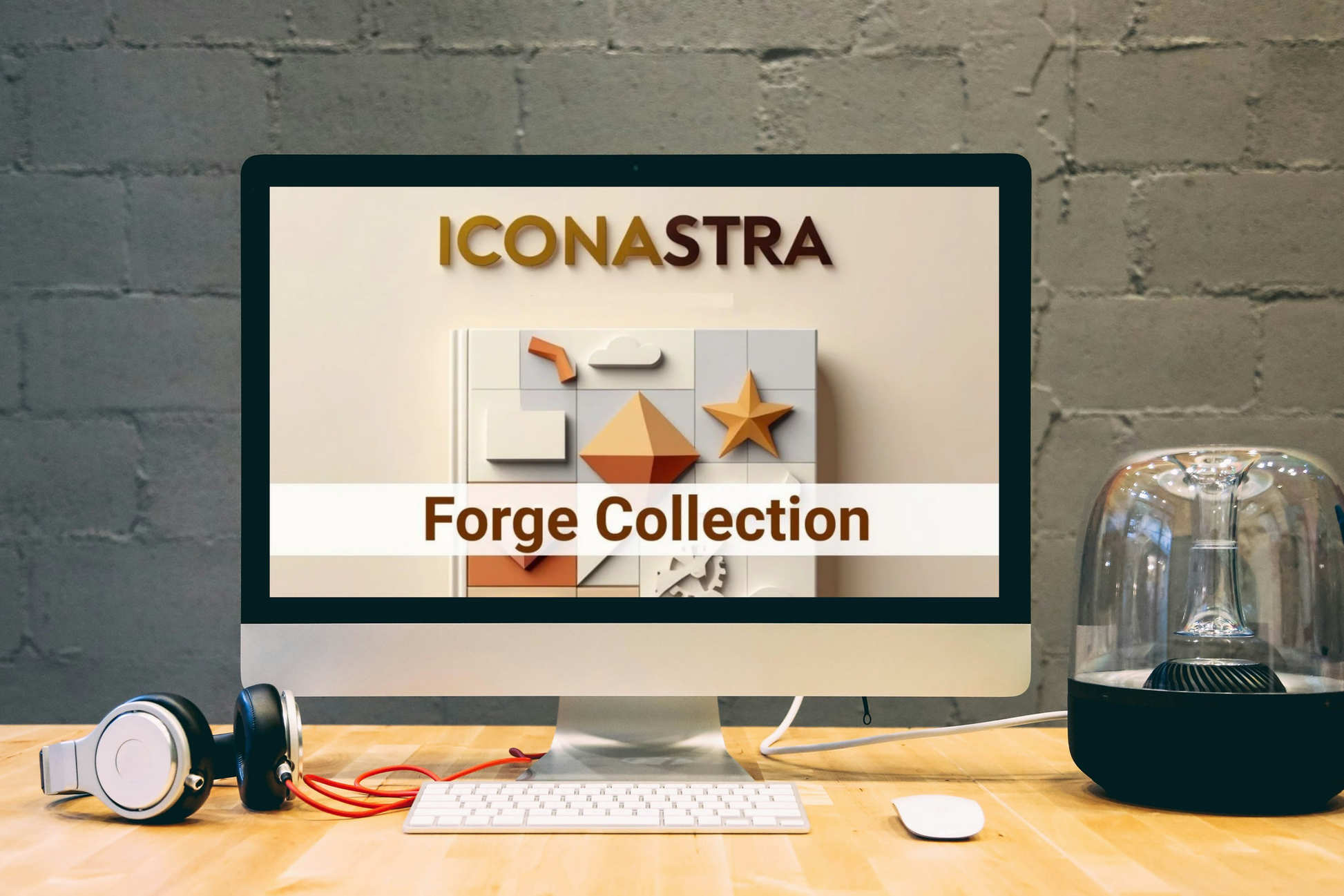 Computer monitor displaying the IconaStra Forge Collection on a desk with headphones and a lamp.