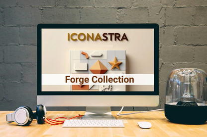 Computer monitor displaying the IconaStra Forge Collection on a desk with headphones and a lamp.
