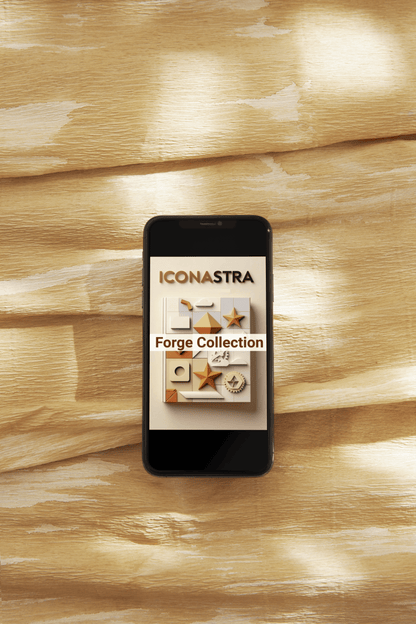 Smartphone displaying the Iconastra Forge Collection on a wooden surface