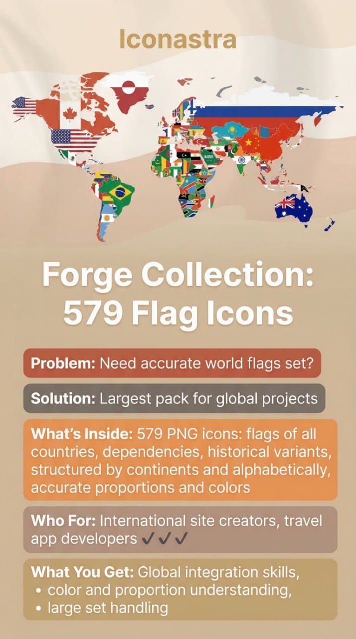 Promotional graphic for Iconastra's Forge Collection of 579 flag icons with a world map background.