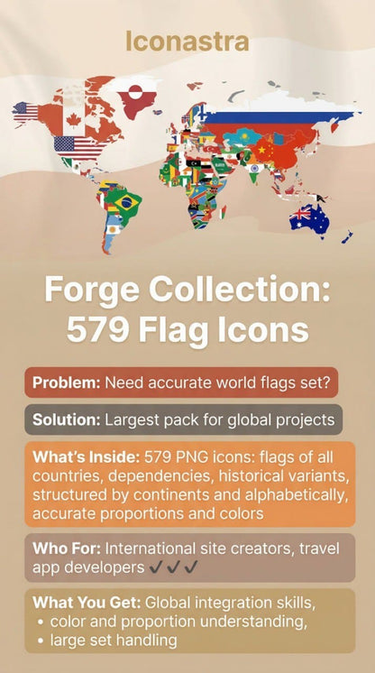 Promotional graphic for Iconastra's Forge Collection of 579 flag icons with a world map background.