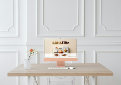 Computer monitor on a desk with 'Iconastra' branding displayed.