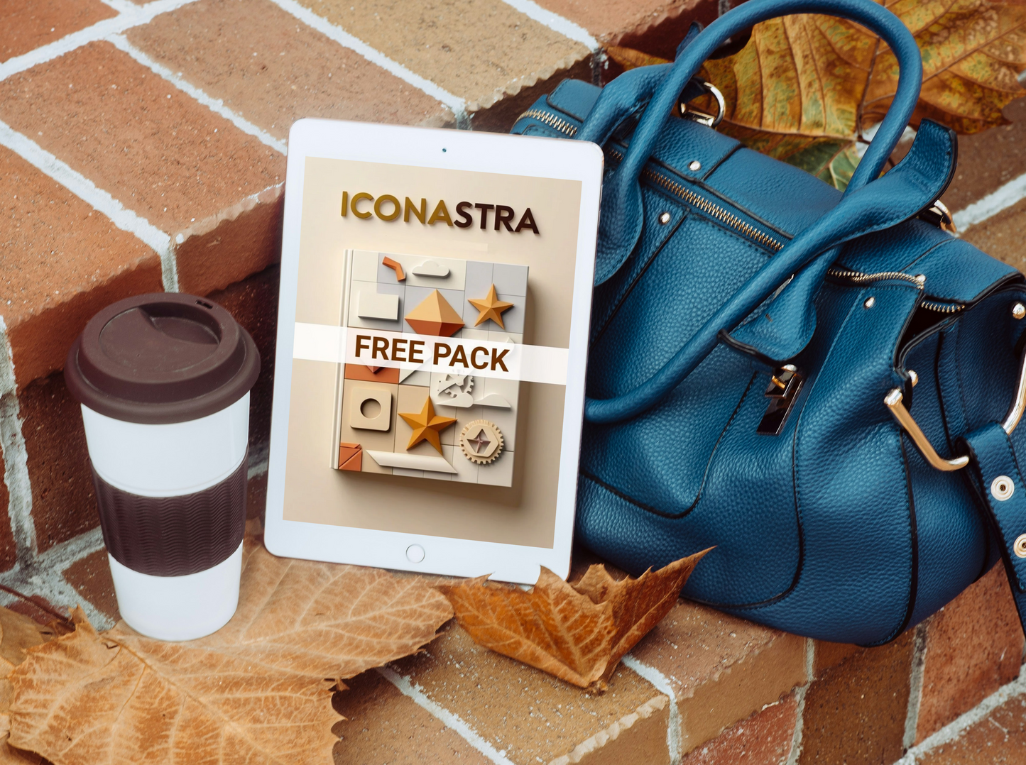 Blue handbag, coffee cup, and tablet with 'Iconastra' offer on a brick surface with leaves.