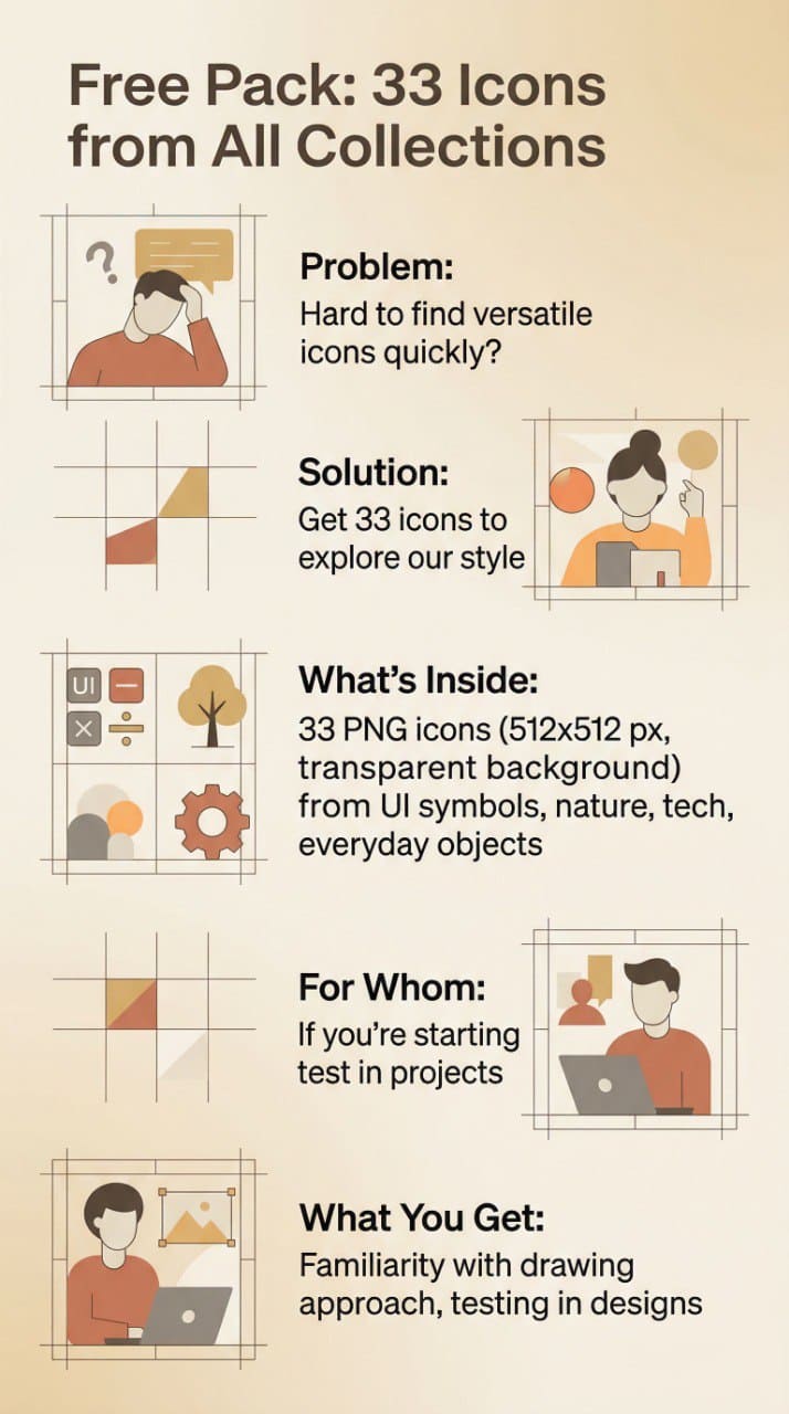 Promotional graphic for a free pack of 33 icons from various collections with text and icons displayed.