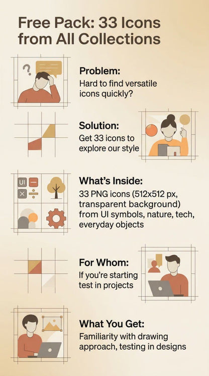 Promotional graphic for a free pack of 33 icons from various collections with text and icons displayed.