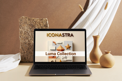 Laptop displaying the Iconastra Luma Collection on a table with decorative vases and a textured wall.