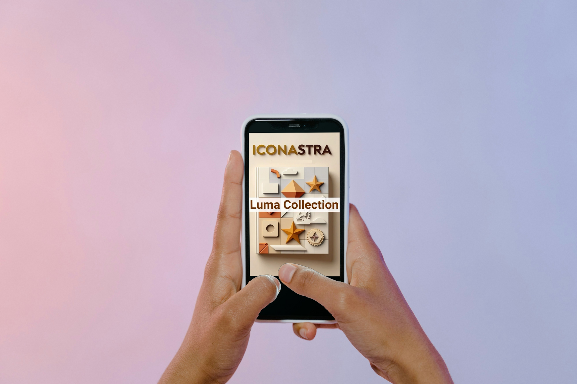 Person holding a smartphone displaying the Iconastra app on a gradient background