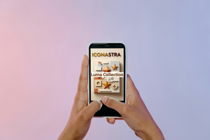 Person holding a smartphone displaying the Iconastra app on a gradient background