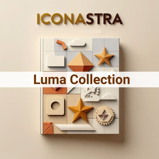 Book Titeled 'Luma Collection' by Iconastra with Geometric Shapes on a beige Background