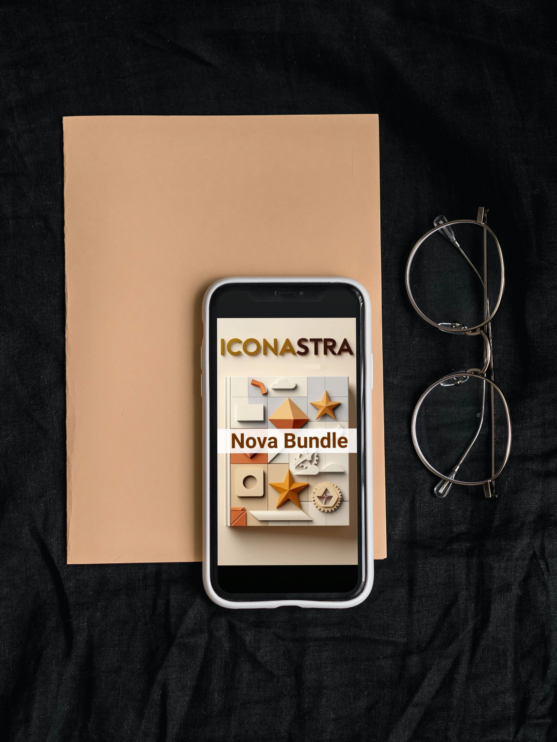 Phone displaying Iconastra app on a black background with a beige book and eyeglasses.