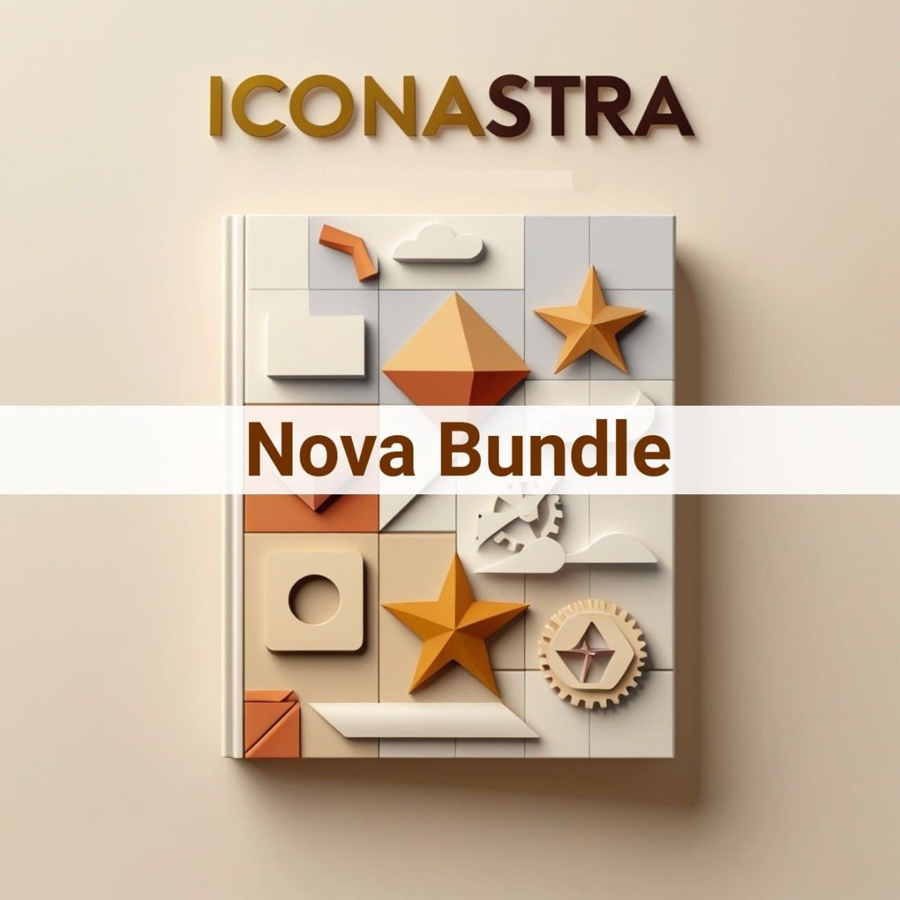 Product packaging for ICONASTRA Nova Bundle with geometric shapes on a beige background