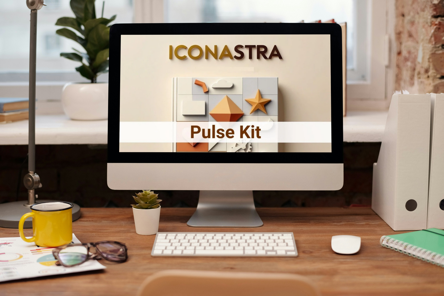 Computer monitor displaying 'ICONASTRA Pulse Kit' on a desk with office items.