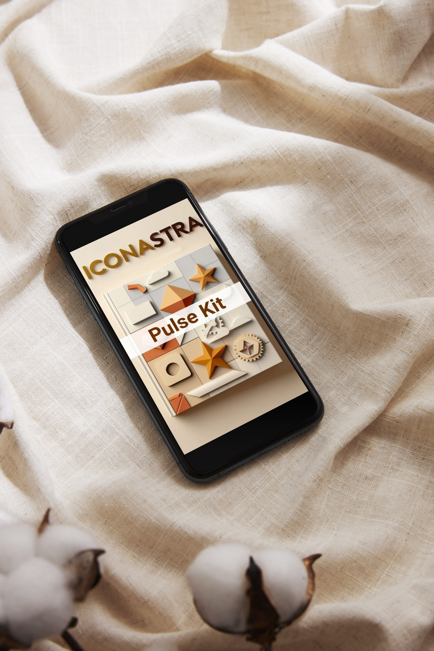 Smartphone displaying the Iconastra app on a textured fabric background