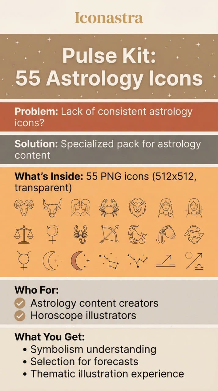 Promotional graphic for Iconastra's Pulse Kit with 55 astrology icons on a beige background.
