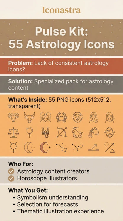 Promotional graphic for Iconastra's Pulse Kit with 55 astrology icons on a beige background.