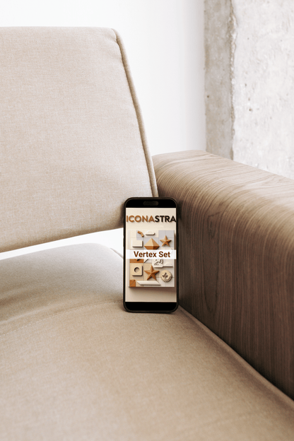 Phone displaying a product on a beige sofa