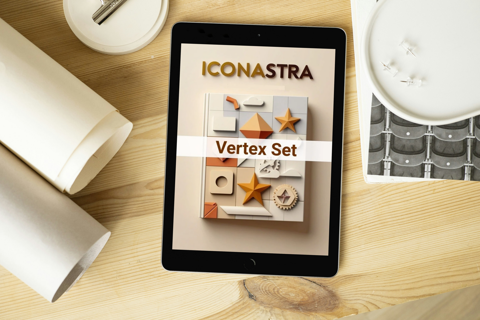 Tablet displaying Iconastra product on a wooden surface with architectural models.