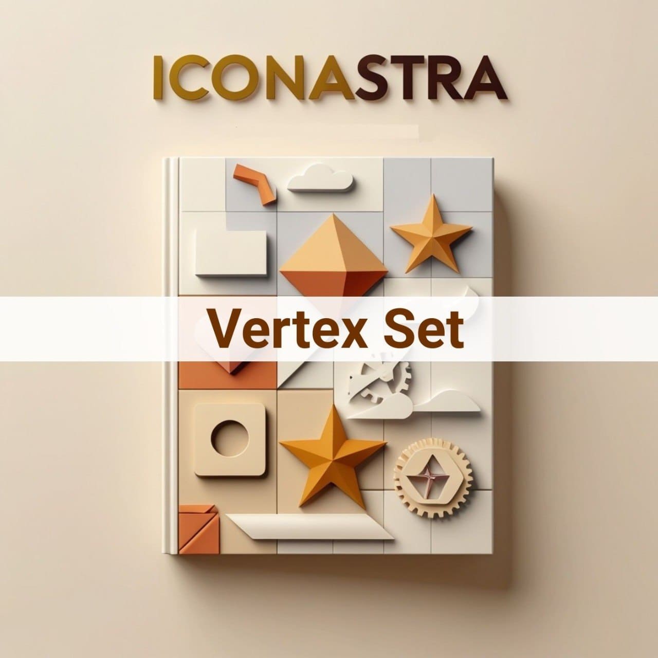 Collection of geometric shapes on a beige background with 'Iconastra' branding.