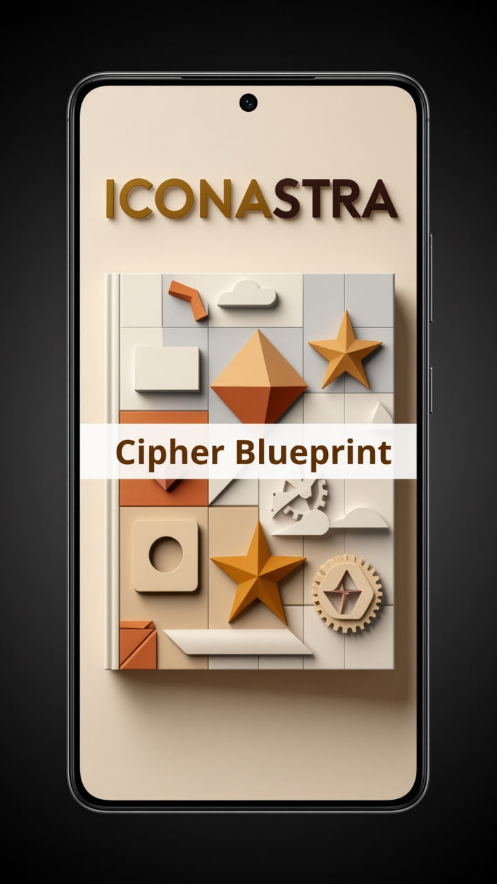 A smartphone mockup displaying the app or digital product 'ICONASTRA Cipher Blueprint' on its screen, set against a dark background.