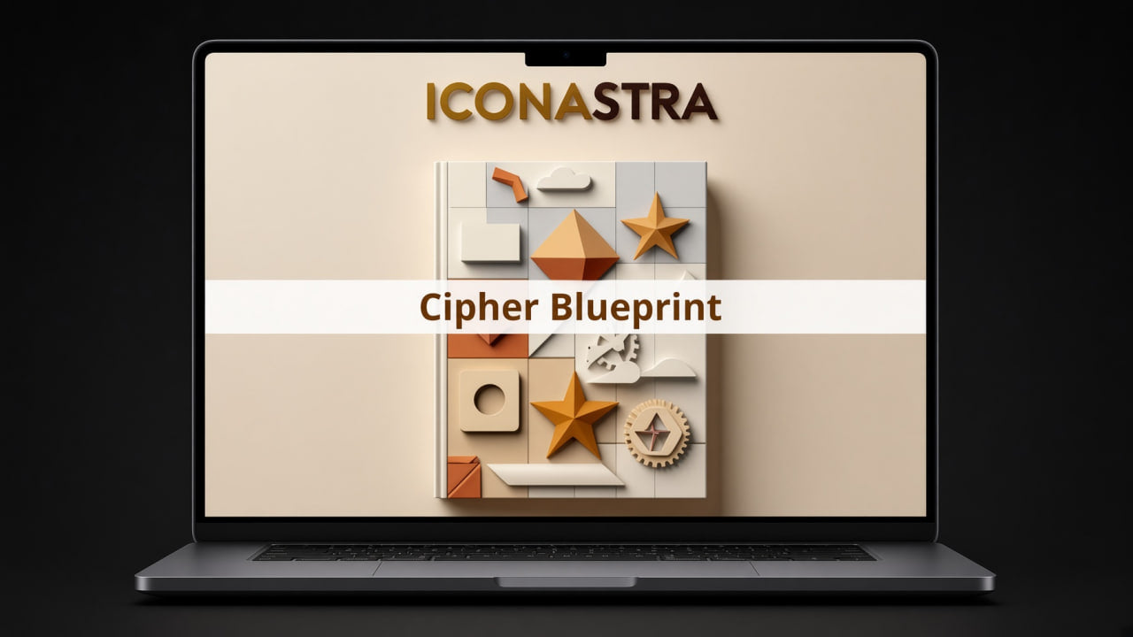 A laptop on a black background displaying a digital cover titled 'ICONASTRA' and 'Cipher Blueprint' over a beige abstract geometric artwork.
