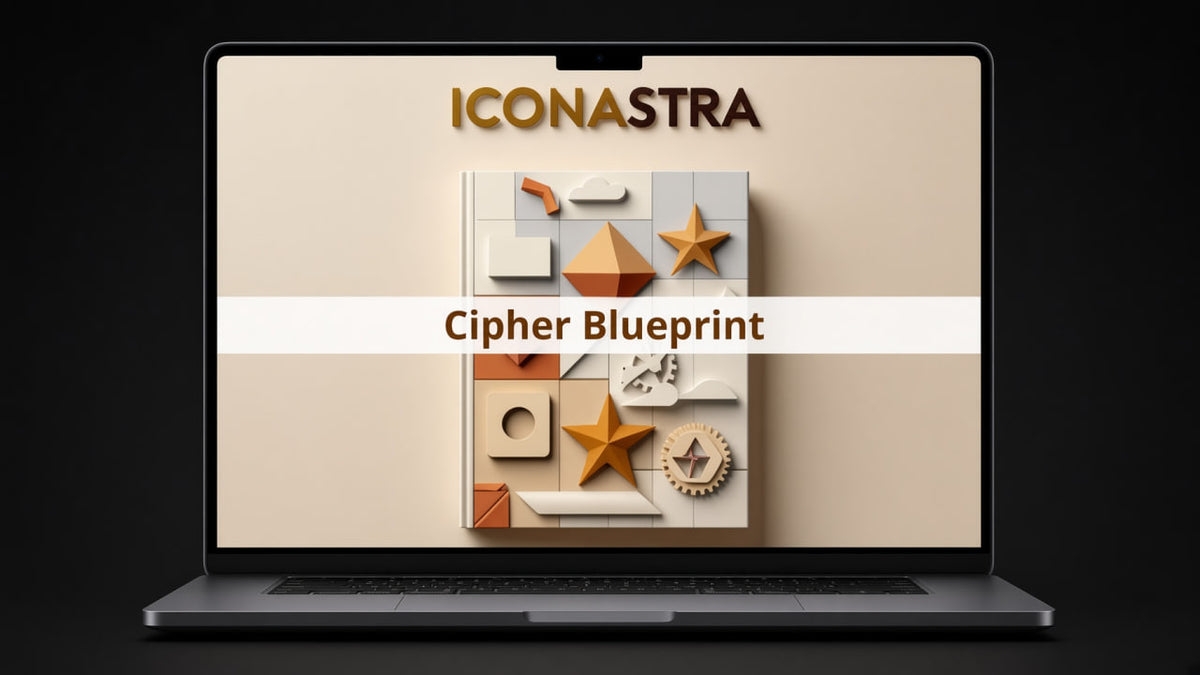 A laptop on a black background displaying a digital cover titled 'ICONASTRA' and 'Cipher Blueprint' over a beige abstract geometric artwork.
