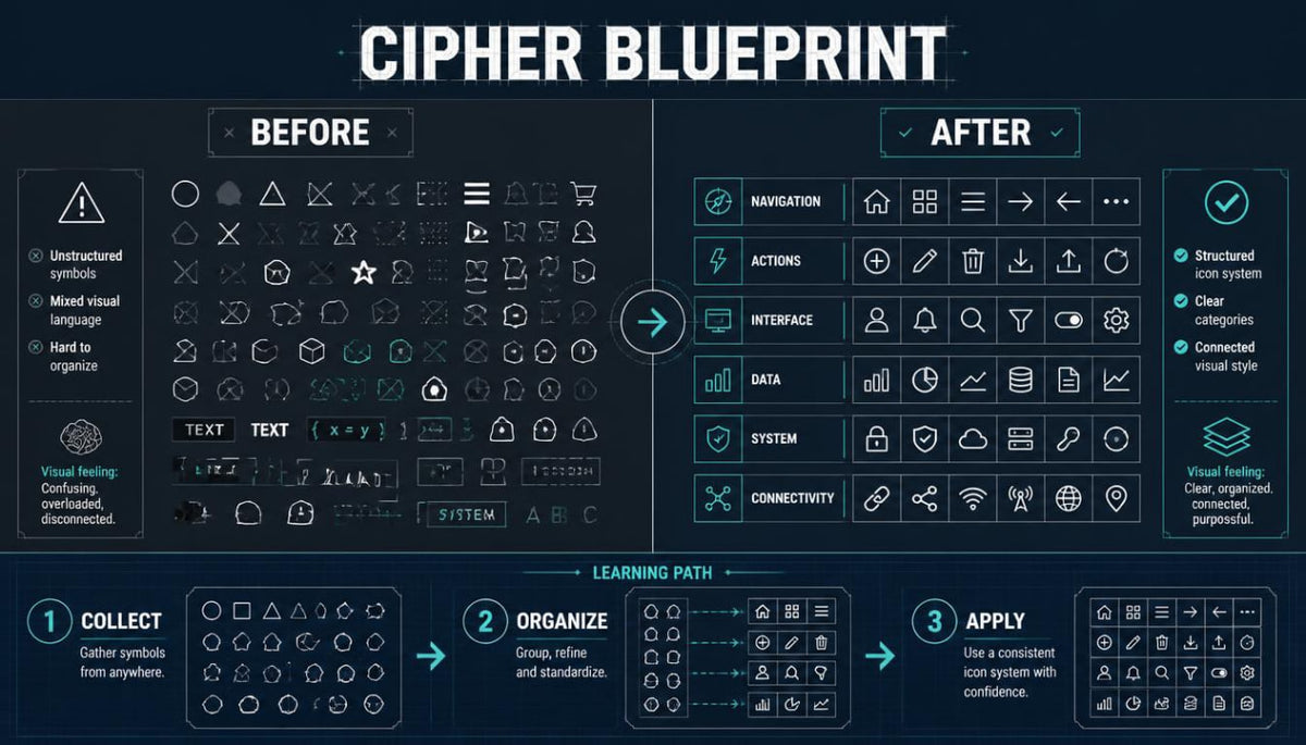 A digital infographic titled 'CIPHER BLUEPRINT' comparing a messy, unorganized symbol sheet labeled 'BEFORE' with a structured, clear icon system labeled 'AFTER'. It outlines a three-step learning path: collect, organize, and apply visual standards.