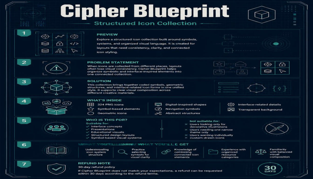 A dark blue promotional infographic titled 'Cipher Blueprint' with the subtitle 'Structured Icon Collection.' The layout contains multiple illustrated steps, icons, and blocks of text explaining a digital icon pack, plus a small badge reading '30 Days.