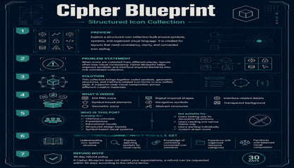 A dark blue promotional infographic titled 'Cipher Blueprint' with the subtitle 'Structured Icon Collection.' The layout contains multiple illustrated steps, icons, and blocks of text explaining a digital icon pack, plus a small badge reading '30 Days.