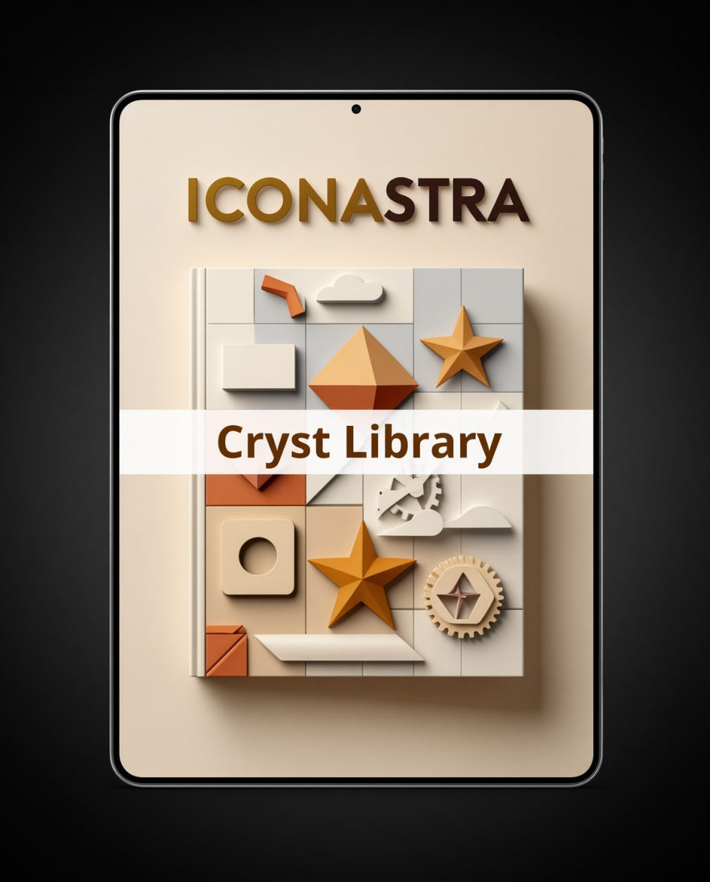 A tablet device centered on a dark background, displaying the text 'ICONASTRA' and 'Cryst Library' over a stylized geometric icon set in beige, white, and orange tones.
