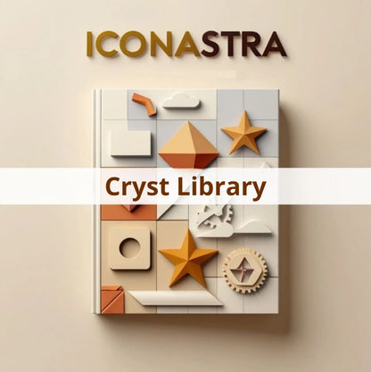 A decorative book cover or album-style package titled 'ICONASTRA' with 'Cryst Library' across the front, shown against a warm beige wall. The cover features abstract geometric shapes in cream, white, tan, and orange, with a white horizontal band across the center.