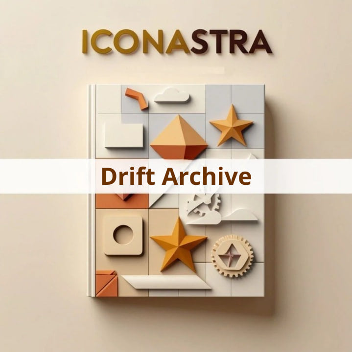 A decorative wall-mounted art piece or book cover featuring geometric shapes in beige, white, and orange-brown tones, with the word 'ICONASTRA' above and a white banner reading 'Drift Archive' across the center.