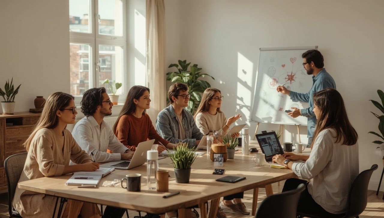 Group of people in a meeting room with a presenter using a whiteboard.