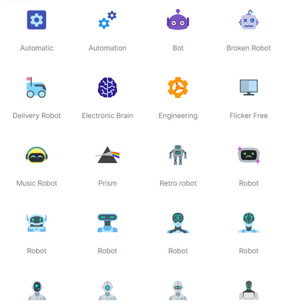 Collection of various robot-themed icons with labels on a white background