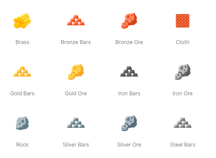 Set of icons representing different resources such as Brass, Bronze Bars, Gold Bars, Iron Bars, Silver Bars, and Steel Bars on a white background.