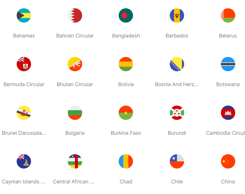 Collection of circular flags from various countries on a white background