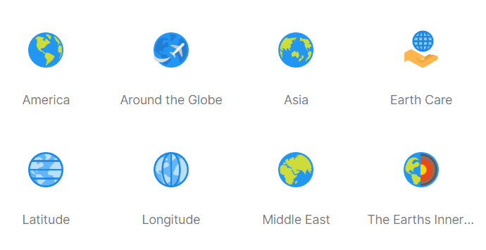 Set of icons representing different geographical and related concepts on a white background.