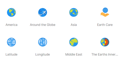 Set of icons representing different geographical and related concepts on a white background.