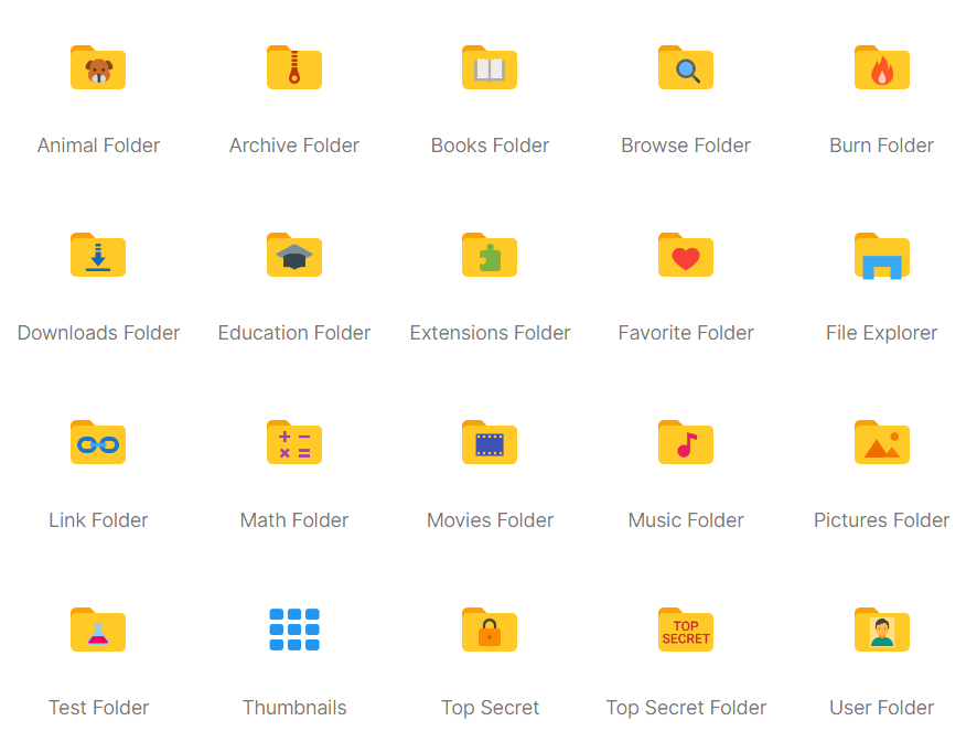 Collection of folder icons with labels on a white background
