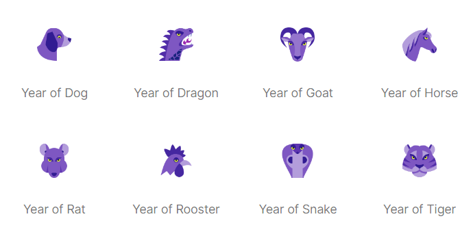 Illustrations of Chinese zodiac animals with corresponding years on a white background