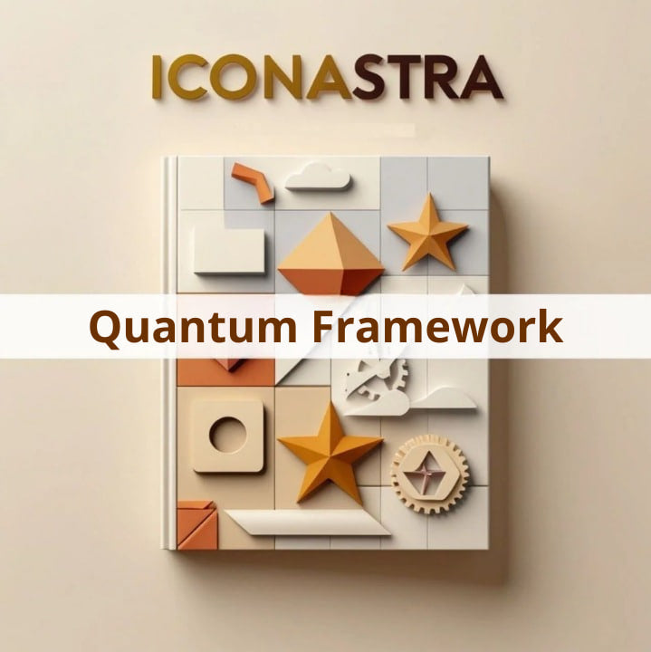 A 3D-rendered book or binder titled 'ICONASTRA' with the subtitle 'Quantum Framework' across the front. The cover features a geometric abstract design in beige, white, and orange-brown tones, mounted against a beige wall.