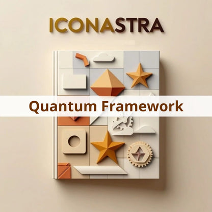 A 3D-rendered book or binder titled 'ICONASTRA' with the subtitle 'Quantum Framework' across the front. The cover features a geometric abstract design in beige, white, and orange-brown tones, mounted against a beige wall.