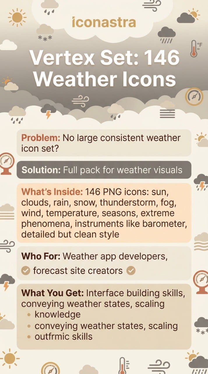 Promotional graphic for icon set with weather icons, featuring text about the product and its uses.